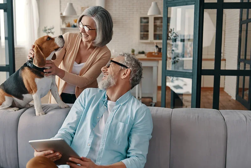 A retired couple happily playing with their dog in their living space