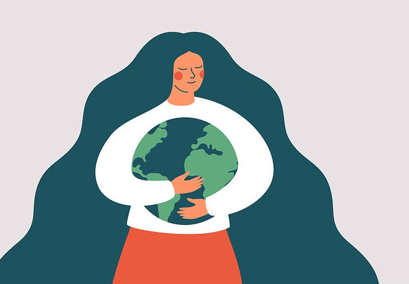 Illustration of a young woman embracing green planet Earth with care and love