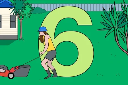 Illustration of number 6 and person outside moving their lawn
